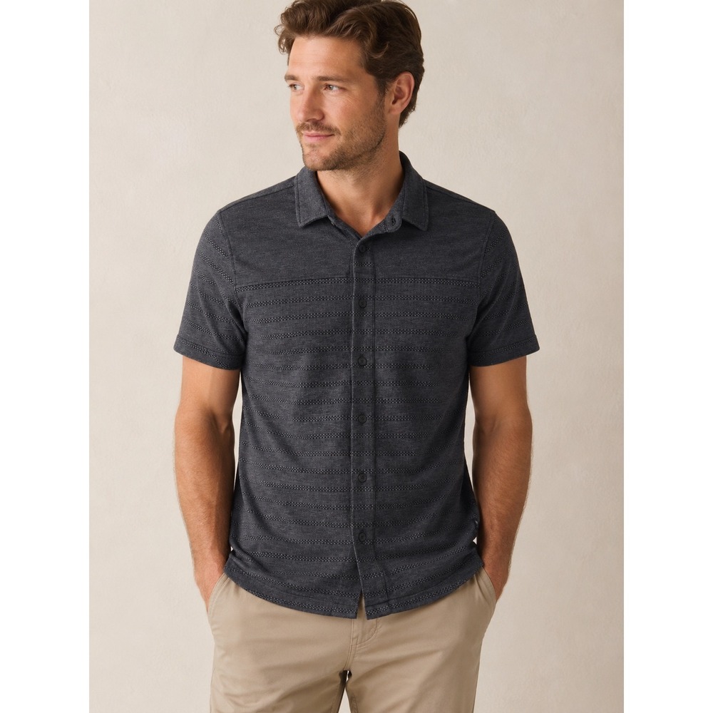 Prana Mens Gray Textured Stripe Short Sleeve Button‎ Down Shirt Size Small